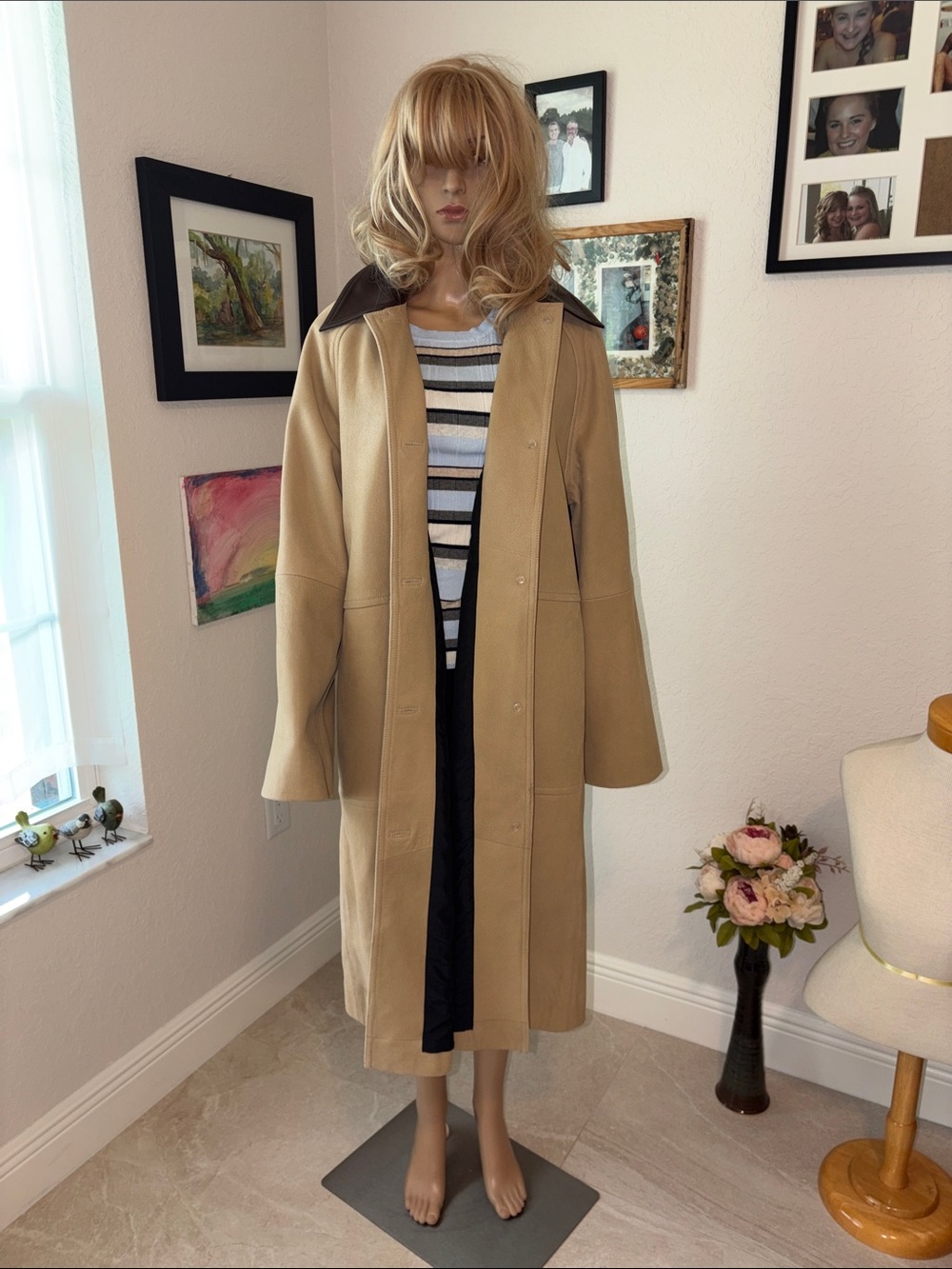 REFORMATION/VEDA Classic LEATHER Tan Long Coat with Dark Collar - Women's Jacket